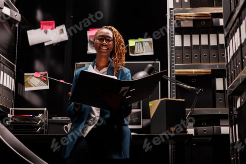 Preview: Smiling african american woman detective holding case folder portrait