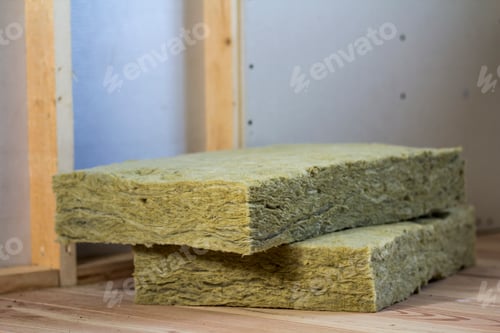 Preview: Wooden frame for future walls with drywall plates insulated with rock wool and fiberglass insulation