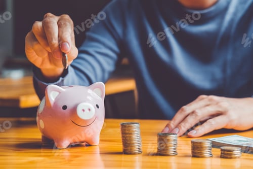 Preview: Saving money concept Man hand putting Row and coin