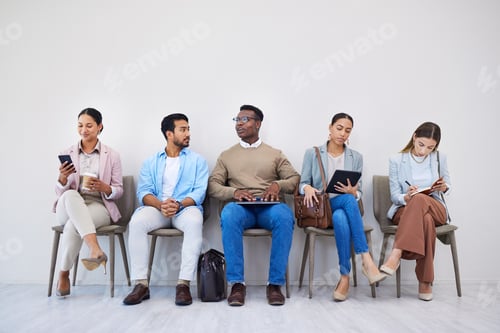 Preview: Job interview, recruitment and waiting room with business people networking or waiting for hr meeti