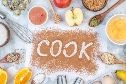 Preview: Overhead view of cook writing with coffee oats flour fresh fruits eggs on ice background