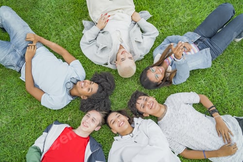 Preview: Top angle view of multiethnic young trendy friends smiling and making a circle in the grass