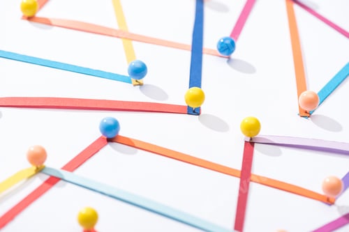 Preview: multicolored abstract connected lines with pins, connection and communication concept