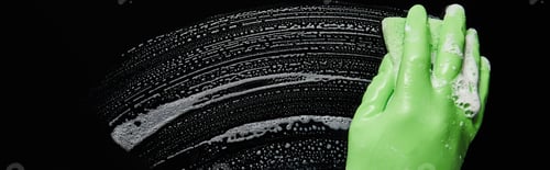 Preview: panoramic shot of man in green rubber glove cleaning with sponge