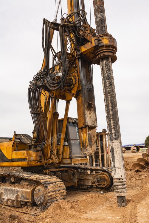Preview: a large yellow machine drilling land near some rocks and sand