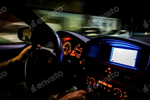 Preview: Night road trip inside view of modern car interior