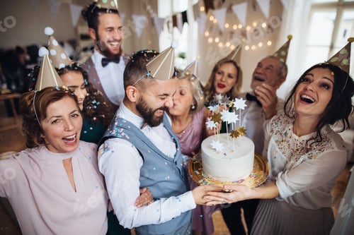 Preview: A portrait of multigeneration family with a cake on a indoor birthday party.