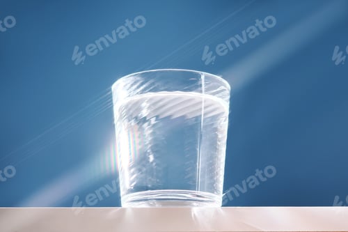 Preview: Glass of clean filtered water on blue background with beautiful glare.