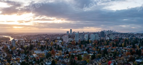 Preview: Sunset Over New Westminster: City Skyline, Suburban Neighborhoods, And Distant Downtown Vancouver
