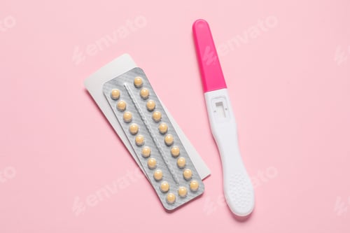 Preview: Blister of oral contraceptive pills and pregnancy test on pink background, flat lay