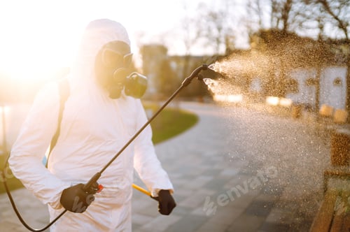 Preview: Man wearing protective suit disinfecting public places in the sun with spray chemicals. Covid -19.