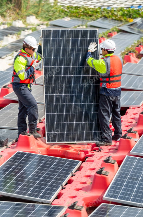 Preview: Vertical image of two professional technician workers stand and hold solar cell panel to check