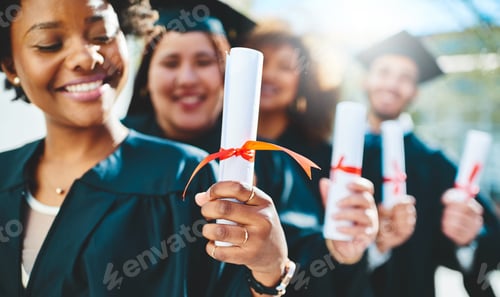 Preview: Cropped shot of a group of students holding their diplomas on graduation day