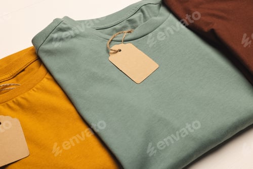 Preview: Close up of flat lay of three t shirts with tags and copy space on white boards background