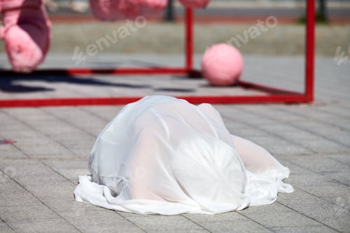 Preview: Female performer covered in white silk scarf waving gracefully, female outdoor dance performance