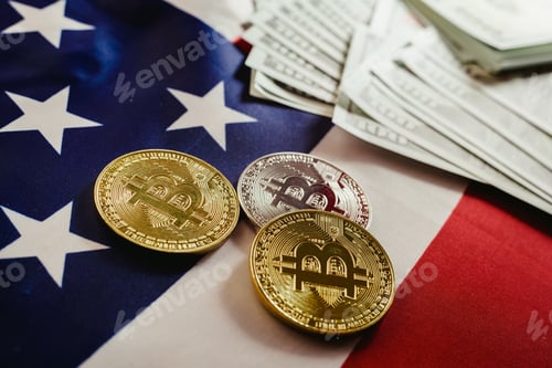 Preview: American flag background and two real bitcoin, new economy on the internet.