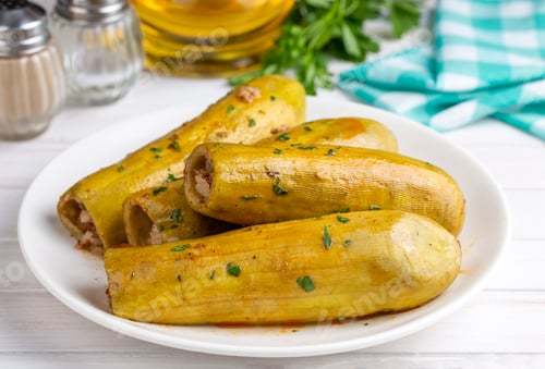Preview: Stuffed zucchini with meat from traditional Turkish cuisine. Turkish name; etli kabak dolmasi