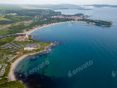 Preview: Aerial view of a scenic Bulgarian coastline with cliffs, turquoise water, sandy beaches