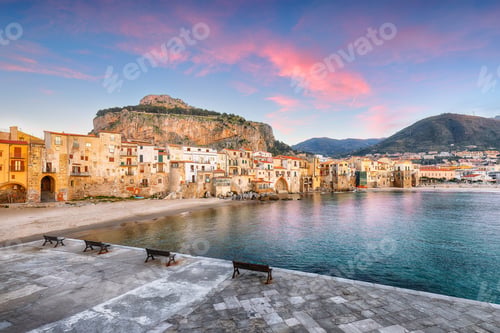 Preview: Fantastic evening cityscape of Cefalu city. Popular travel destination of Mediterranean sea.