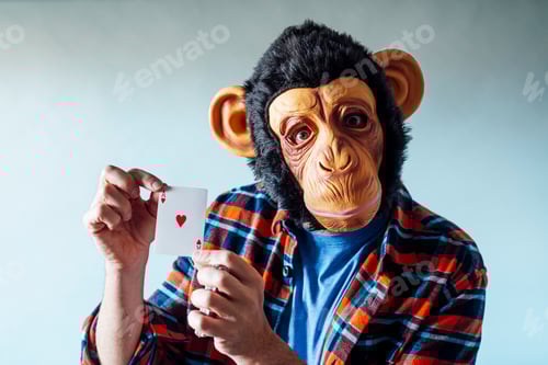 Preview: Man wearing monkey mask and holding poker playing cards on blue background.