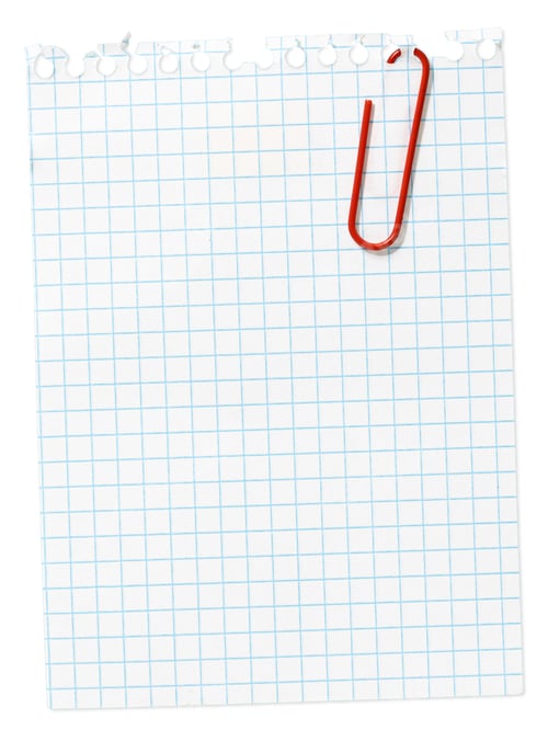 Preview: Piece of blank grid Paper note with red paper clip isolated on white background