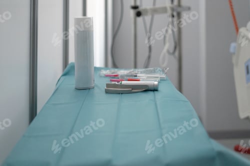 Preview: Medical instruments lying on a sterile drape in a hospital room