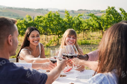 Preview: Group of young multiracial people cheering with red wine outdoor