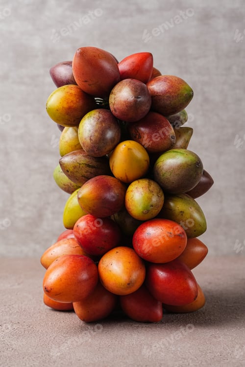 Bunch of Colorful Tamarillos Against Gray Textured Backdrop
