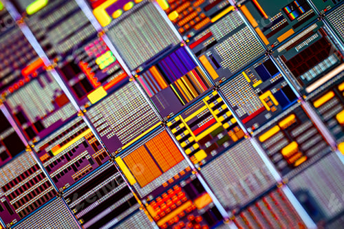 Preview: Silicon semiconductor wafer with integrated circuit die mosaic pattern.