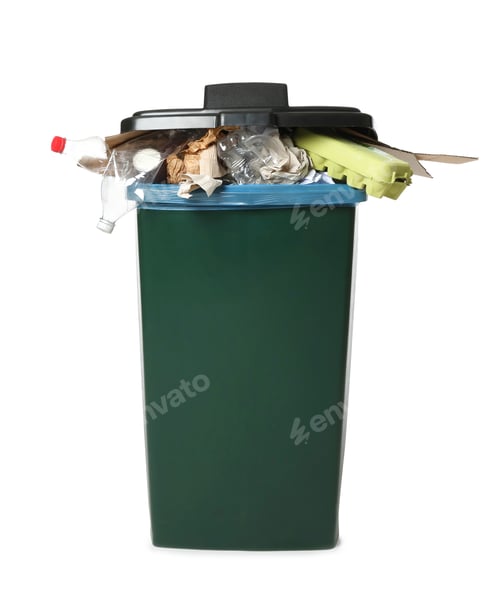 Vista previa: Trash bin with garbage on white background. Waste recycling