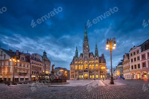 Preview: Liberec, Czechia. View of main square with Town Hall at dusk