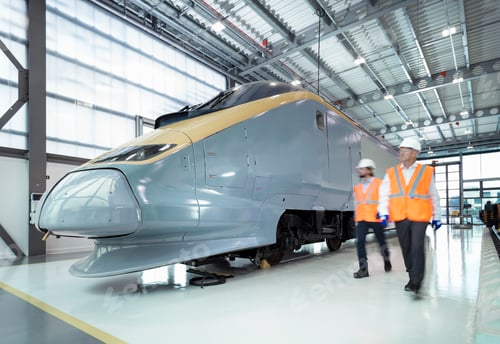 Preview: Engineers inspecting locomotive in railway engineering facility