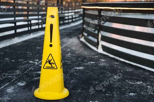 Preview: Yellow warning sign stands on grey asphalt covered with snow, warns about wet road or slippy