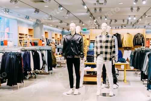 Preview: Clothing Store Interior with Mannequins Displaying Apparel