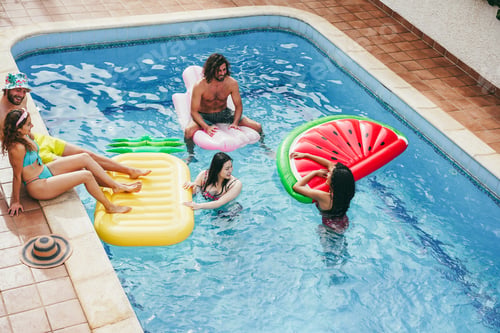 Preview: Happy people having fun inside swimming pool - Focus on asian girl face