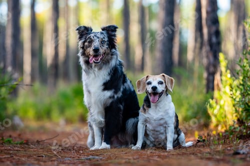 Preview: Happy dogs in sunlit forest path
