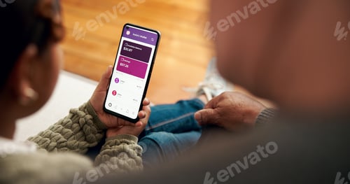 Preview: People, mobile and screen with banking app for financial education, knowledge and learn to budget i