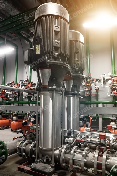 Preview: Urban modern powerful pipelines. Industrial pumps in an engine room. Industry interior of water pump