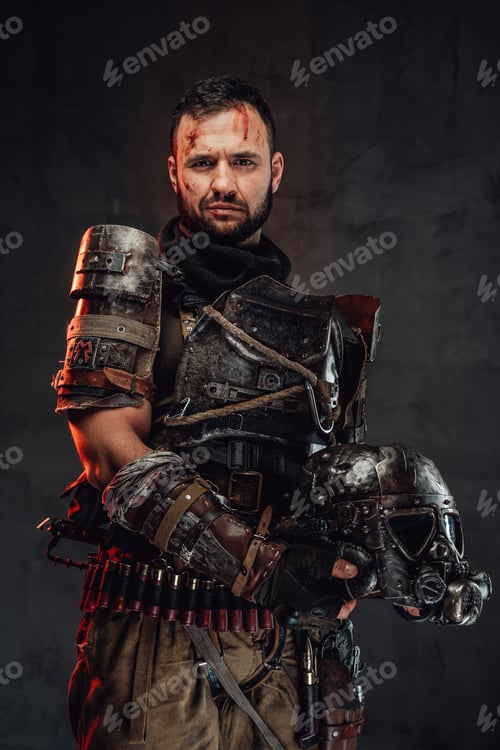 Preview: Apocalyptic survivor posing with helmet in dark background