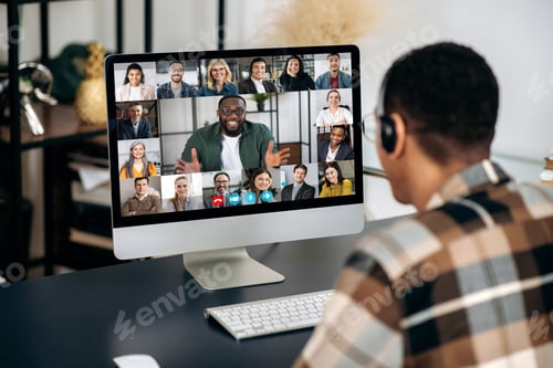 Preview: Online video communication. mixed race man, virtual business meeting, telecommunication concept