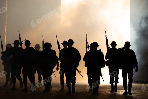 Preview: Silhouettes of soldiers during Military Mission at dusk