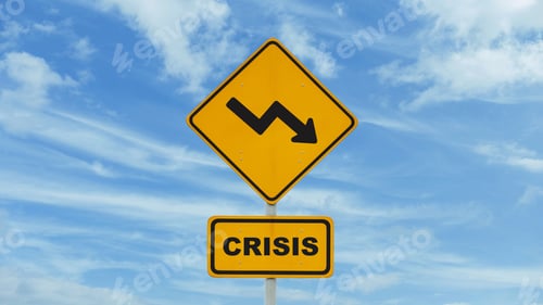 Preview: Yellow road sign crisis with arrow down on blue sky with clouds, creative idea. World economic