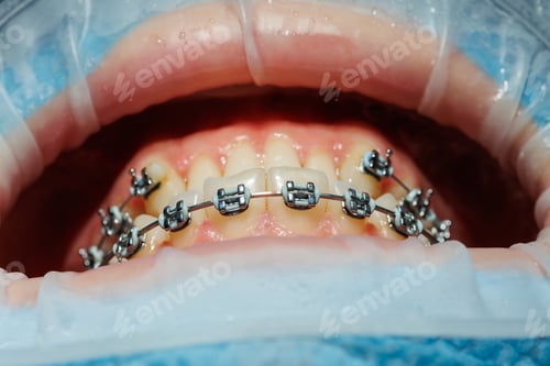Preview: Close-up of teeth with braces, dental checkup in the dental office. The dentist examines the