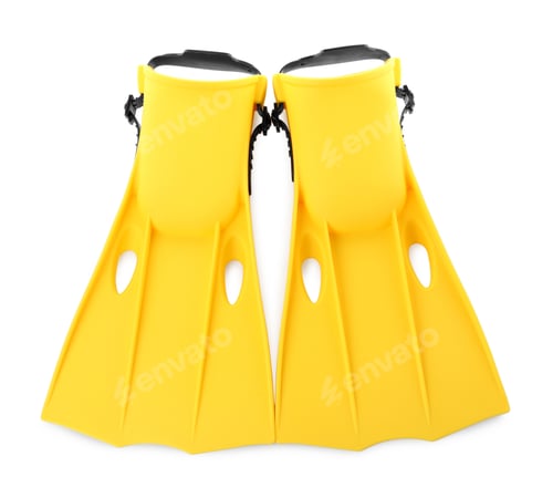 Preview: Pair of yellow flippers on white background, top view