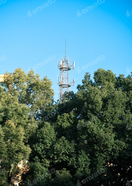 Preview: Radio tower visible through the lush green trees against a blue sky