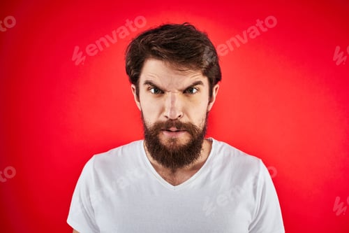 Preview: man in t-shirt gesturing with his hands dissatisfaction studio red uniform
