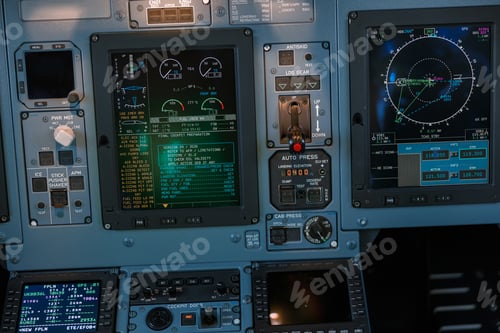 Preview: Airplane cockpit with control panel, dashboard and flight displays