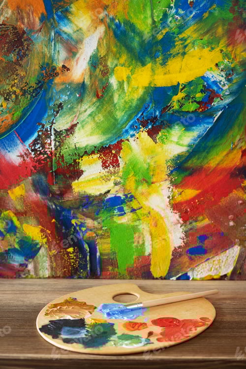 Preview: Paint brush palette on wooden table background texture. Paintbrush painting and art still life