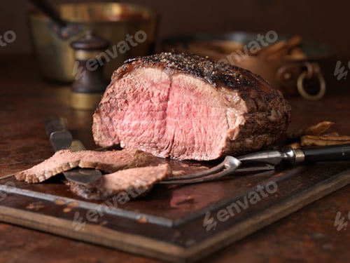 Preview: Christmas dinner. 28 day matured sirloin of beef served rare medium with roasted parsnips