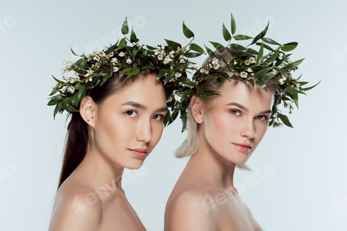 Preview: beautiful multiethnic girls in green floral wreaths, isolated on grey
